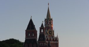 Video footage view of beautiful old cathedrals, buildings, churches and Moscow River in center of Moscow city near Red Square on sunny summer morning in central Russia