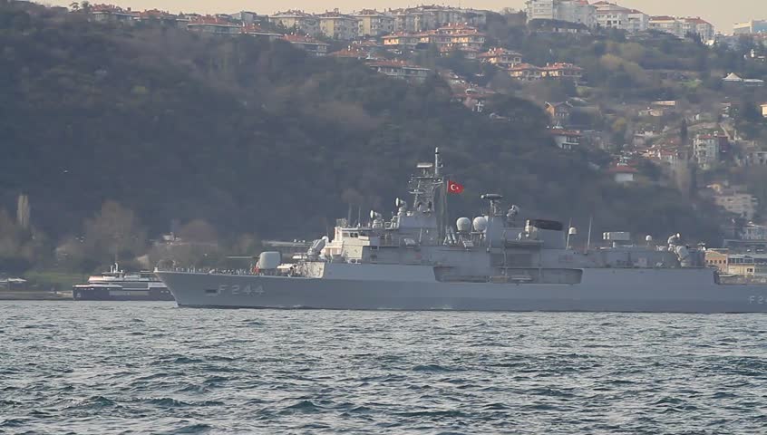 ISTANBUL - APRIL 3: Turkish Navy TCG Barbaros (F244) class frigate, passing