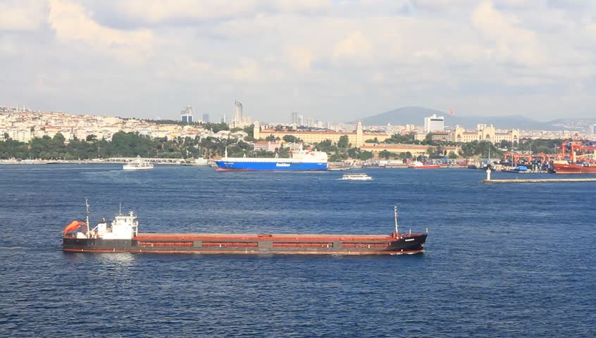 Large tanker ship in front of Istanbul container port
