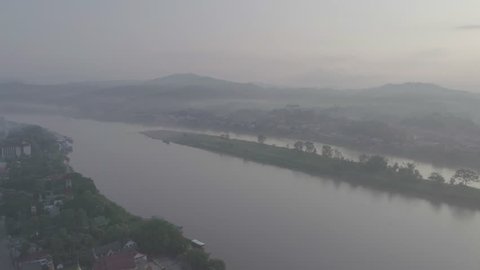 Aerial view of Mekong river between Chiang Khong, a small town in Chiang Rai Province, Northern Thailand and Houay Xai, the capital of the Laos province of Bokeo