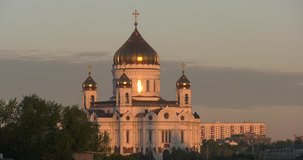 Video footage view of beautiful old cathedrals, buildings, churches and Moscow River in center of Moscow city near Red Square on sunny summer morning in central Russia