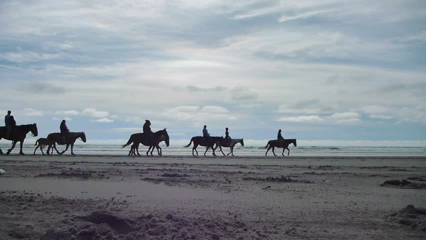 People enjoy horseback riding on sandy beach in Long Beach, Washington, time