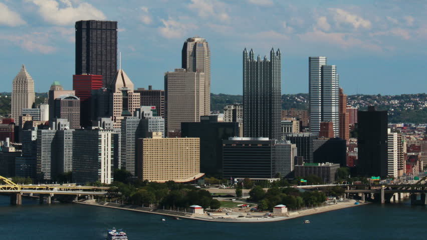 A time lapse shot of the Pittsburgh city skyline as seen from the West End
