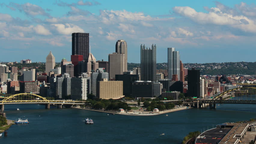 A time lapse shot of the Pittsburgh city skyline as seen from the West End