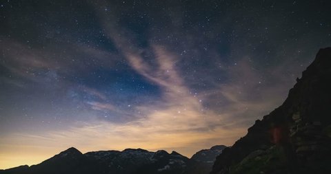 Time Lapse of the Milky way and the starry sky rotating over the majestic Italian Alps in summertime. Snowcapped mountain peaks in the background. Arkistovideo