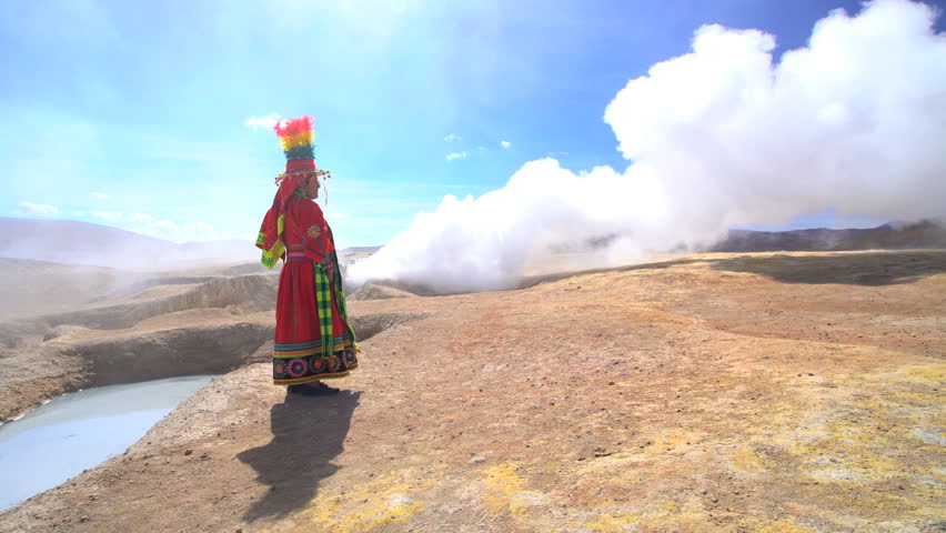 Bolivian female by geothermal hot springs a National Reserve wearing traditional costume dress South American Wilderness