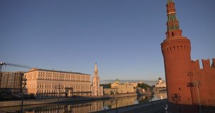 Video footage view of beautiful old cathedrals, buildings, churches and Moscow River in center of Moscow city near Red Square and Kremlin on sunny summer morning in central Russia