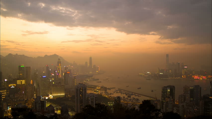 Night falls over Hong Kong - Central District, Victoria Harbor, Victoria Peak,