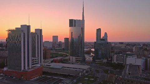 milan skyline porta nuova financial center aerial view at sunrise