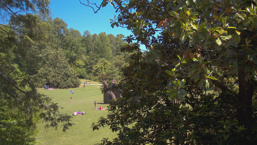 Durham NC People Enjoying Sara P. Duke Gardens at Duke University Having Picnics and Playing on Green Grass Lawn Surrounded by Trees on a Sunny Day in North Carolina
