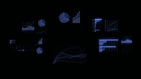 A blue holographic interface with a hologram showing a visual screen with computer and business icons. Financial charts and graphs appear. The touchscreen illuminates. 4K - Powered by Shutterstock - Get 15% off with code: PIKWIZARD15