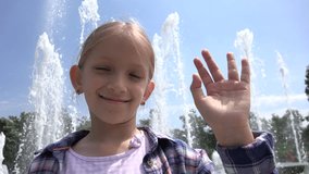 Child Waving Goodbye Smiling in Camera, Girl Relaxing Outdoor in Summer Day 4K 