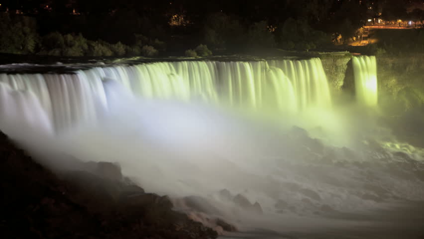 Time lapse Niagara Falls Light show at night with colors changing from pink,