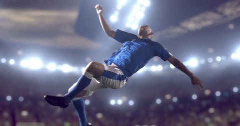 Soccer player succeed in making a strong kick while jumping horizontally. The players is wearing unbranded soccer uniform. Stadium and crowd are made in 3D.
 Stadium and crowd are made in 3D.