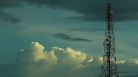 Silhouette Telecommunication Tower, Mobile Antennas and Satellite Dish with Peaceful Cloudy Sky Background 1080p HD Video, Footage Clip, Champasak, Laos, 26 June 2017