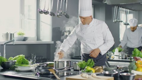 Famous Chef of a Big Restaurant Prepares Dishes with His Help of Cooks. Modern Kitchen is Made of Stainless Steel and is Full of Cooking Ingredients. Shot on RED EPIC-W 8K Helium Cinema Camera.