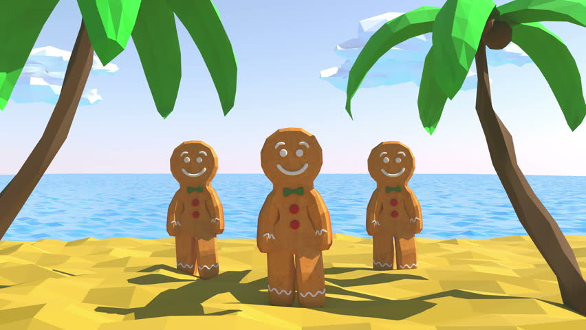 Gingerbread man Dancing in beach. 3D animation of funny, hot and sweet cookie boy dancing for holiday and kid event, show, VJ, party, music, banner, dvd. Palm, sand, sea, sky and summer. Low poly. Royalty-Free Stock Footage #28208305