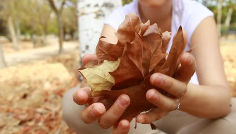 Woman's hand crushing autumn brown dry leaves