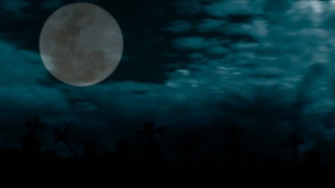 Spooky full moon shines over dark graveyard in mist HD 1080p