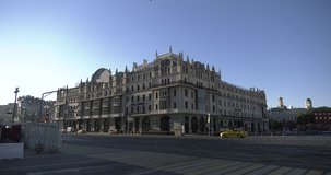 4K video footage view of beautiful vintage Hotel Metropol near Tverskaya Street and Lubyanka in center of Moscow city next to Red Square and Kremlin on sunny summer morning in central Russia