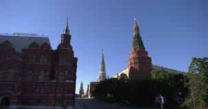 Video footage view of beautiful old cathedrals, buildings, churches next to Moscow River in center of Moscow city near Red Square and Kremlin on sunny summer morning in central Russia