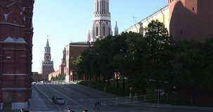 Video footage view of beautiful old cathedrals, buildings, churches next to Moscow River in center of Moscow city near Red Square and Kremlin on sunny summer morning in central Russia