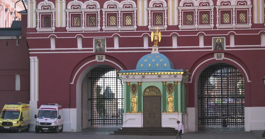 Video footage view of beautiful old cathedrals, buildings, churches next to Moscow River in center of Moscow city near Red Square and Kremlin on sunny summer morning in central Russia