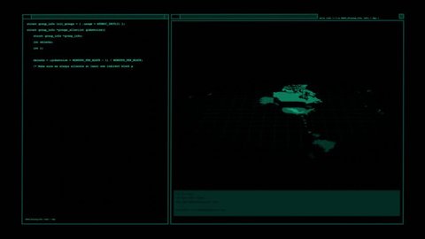 User interface with terminal and animated map, zooming on USA