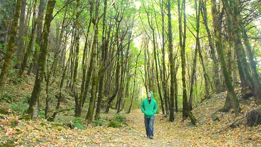 Man walks in dense forest on trail full of leaves in Oregon.