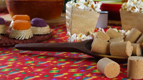 Pacoca - brazilian candy of ground peanut of festivity festa junina decoration. ஸ்டாக் வீடியோ