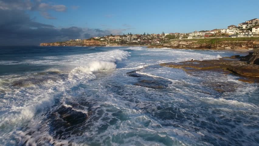 Aerial view of Bronte Beach and coast line at sun rise. Sydney New South Wales Australia.