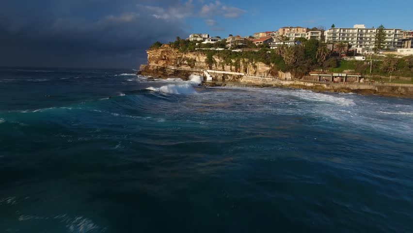 Aerial view of Bronte Beach and coast line at sun rise. Sydney New South Wales Australia.