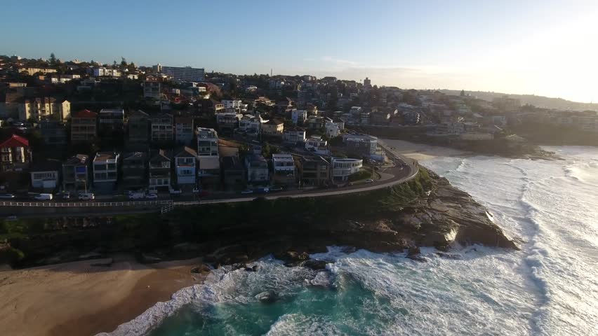 Aerial view of Bronte Beach and coast line at sun rise. Sydney New South Wales Australia.