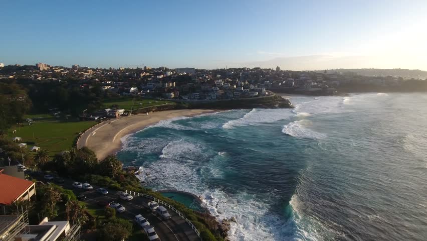 Aerial view of Bronte Beach and coast line at sun rise. Sydney New South Wales Australia.