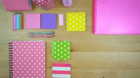 Back to School or Education Concept with stationery and desk accessories overhead.