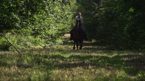 slow motion woman on galloping horse on meadow between trees
