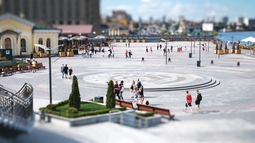 View of the Postal Square in Kiev. Tourists are walking around. Time lapse with tilt-shift effect.