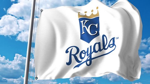 Waving flag with Kansas City Royals professional team logo. 4K editorial clip