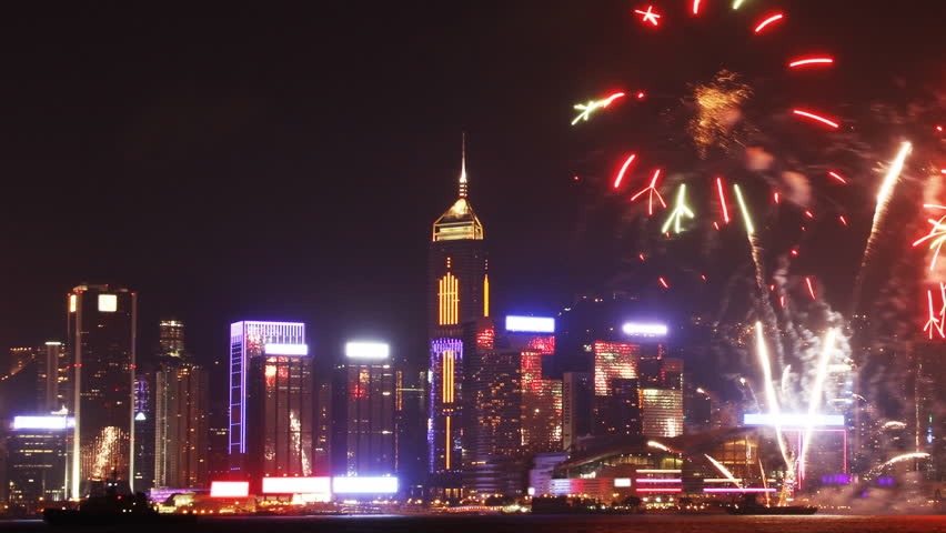 Time lapse of National Day Fireworks Display in Victoria Harbor, Hong Kong.