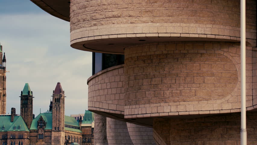 Tight Closeup Pan of the Parliament of Canada and Curved Museum