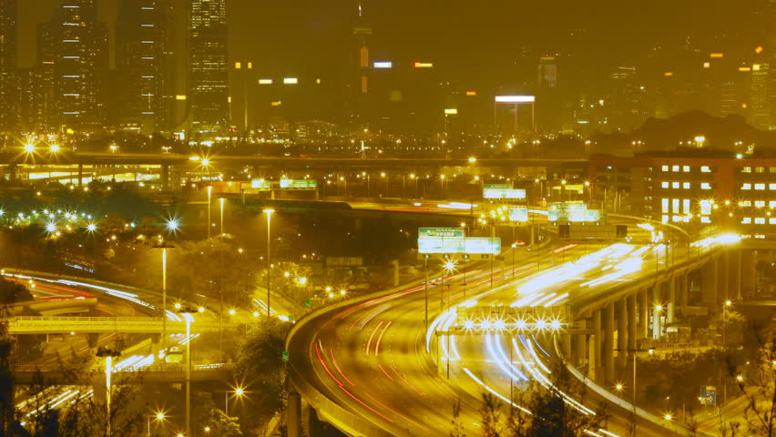 Time lapse of Hong Kong city skyline night traffic
