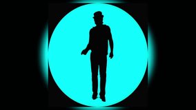 Cheerful cool man in the hat is dancing funny on the round azure background. The actor comedian is moving and dancing with accelerated motion. Also available the videos in other colors in portfolio.