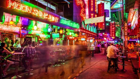 BANGKOK, THAILAND - MARCH 22nd: Timelapse of the red light district Soi Cowboy at night in Bangkok, Thailand on March 22nd, 2017.