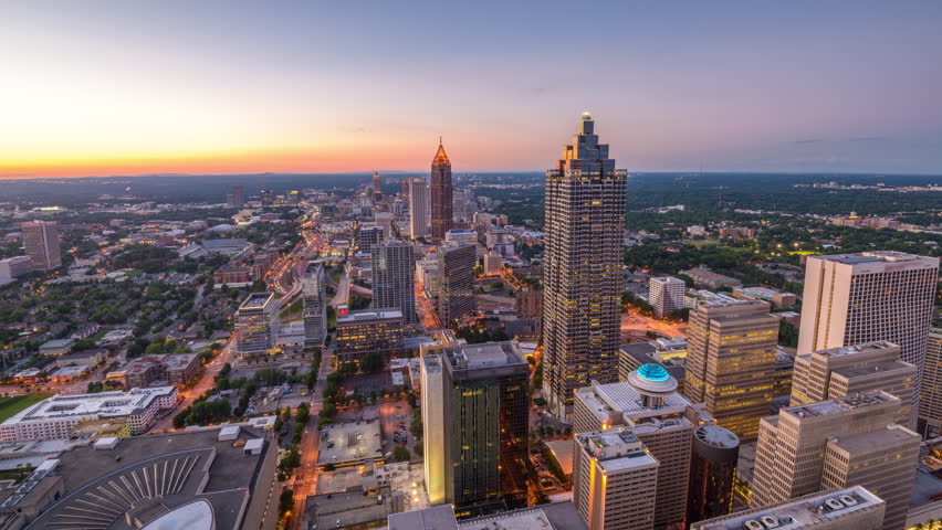 Atlanta, Georgia, USA downtown skyline time lapse from day to night.