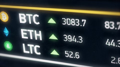 Bitcoin, Ether, Litecoin cryptocurrency prices growing, digital money gain value. Digital money value going up on the market. Etherium, Bitcoin, Litecoin cryptocurrencies