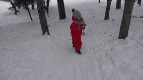Child Sledding in Snow, Little Girl Playing in Winter, Kid Sledging in Park 4K