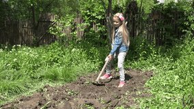 Farmer Child Raking, Gardening in Yard, Girl Working in Agriculture Field 4K