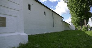 4K video footage view of beautiful ancient old Nikolskiy Monastery with its towers, walls and cathedrals in Pereslavl-Zalesski, Golden Ring route, north-eastern Russia, 160 km from Moscow