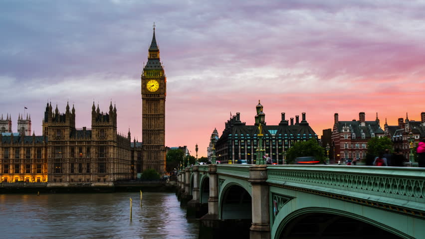 London, UK. Sunset over the city of London, UK. Colorful sky behind Westminster and Big Ben. Westminster bridge at night. Time-lapse at sunset Royalty-Free Stock Footage #28274707