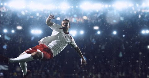 4k footage of a soccer player in dramatic play during a soccer game on a professional outdoor soccer stadium. Players wear unbranded uniform. Stadium and crowd are made in 3D.